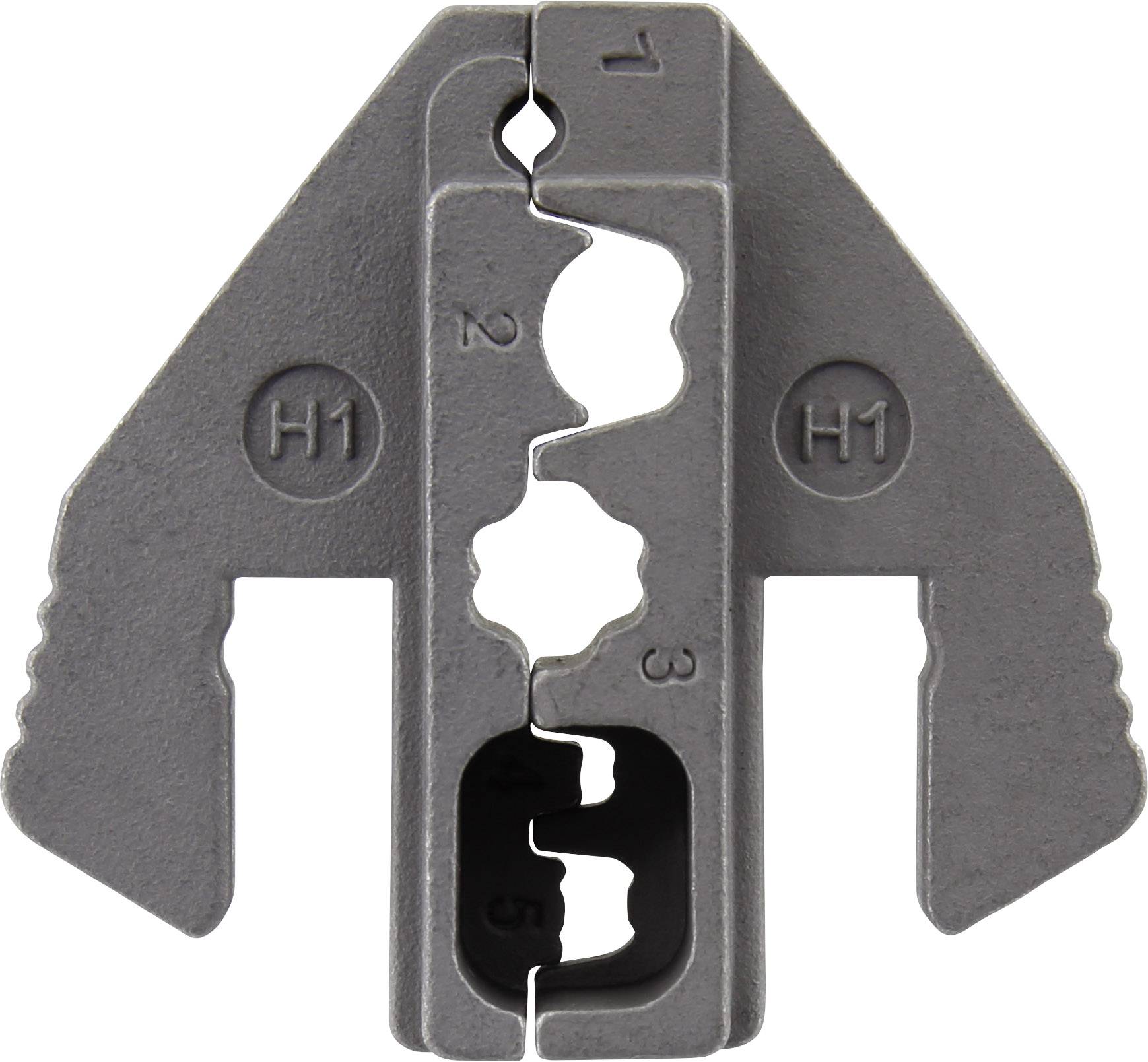 Morsetto metallico con denti e scala numerata da 1 a 5, contrassegnato con 'H1'. Utilizzato per fissare materiali.