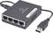 Un switch USB-Ethernet nero Renkforce con quattro porte LAN e una connessione USB. I LED indicano lo stato della connessione.