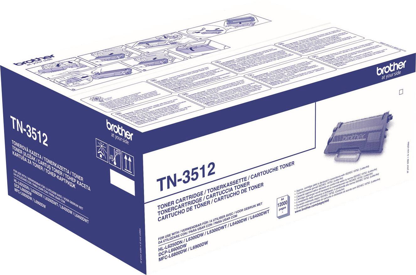 Scatola di cartone per cartuccia toner Brother TN-3512. Progettata in blu e bianco con diagrammi e istruzioni testuali per la manipolazione.