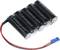 Quattro batterie nere collegate in serie con cavi e spina blu. Scritta 'eneloop pro' visibile.