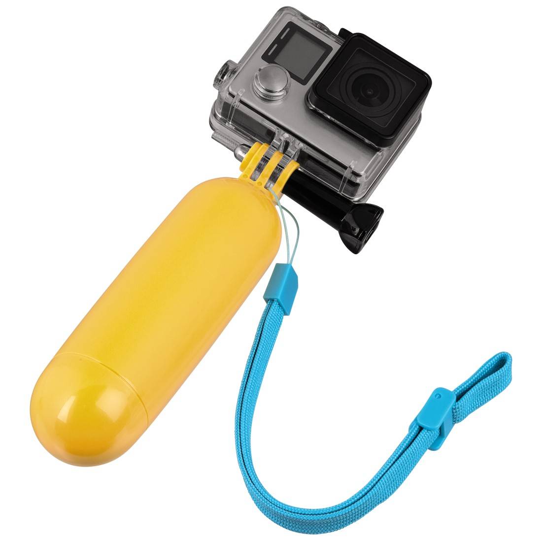 Videocamera d'azione con custodia impermeabile e impugnatura galleggiante gialla, ideale per riprese sott'acqua.