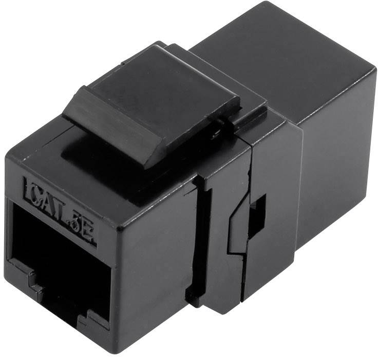 Un adattatore Keystone nero CAT-5E per il collegamento di cavi Ethernet nelle infrastrutture di rete.