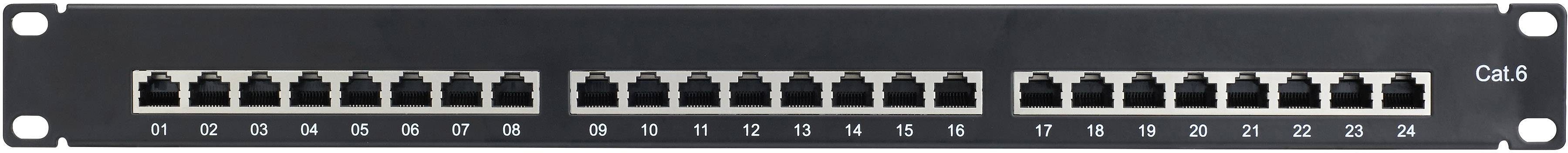 Un pannello di permutazione di rete con 24 porte Ethernet, numerate da 1 a 24, in un alloggiamento nero per il montaggio in un rack per apparecchiature di rete.