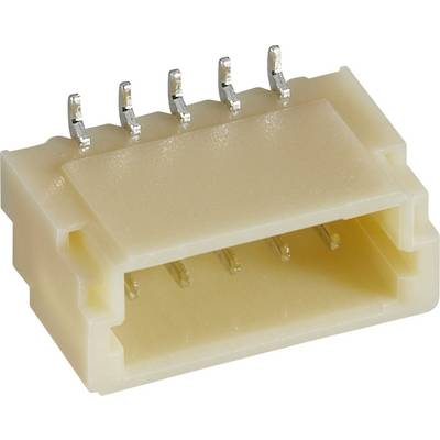 Connettore in plastica beige con cinque piedini metallici sporgenti. Componente di giunzione per dispositivi elettronici.