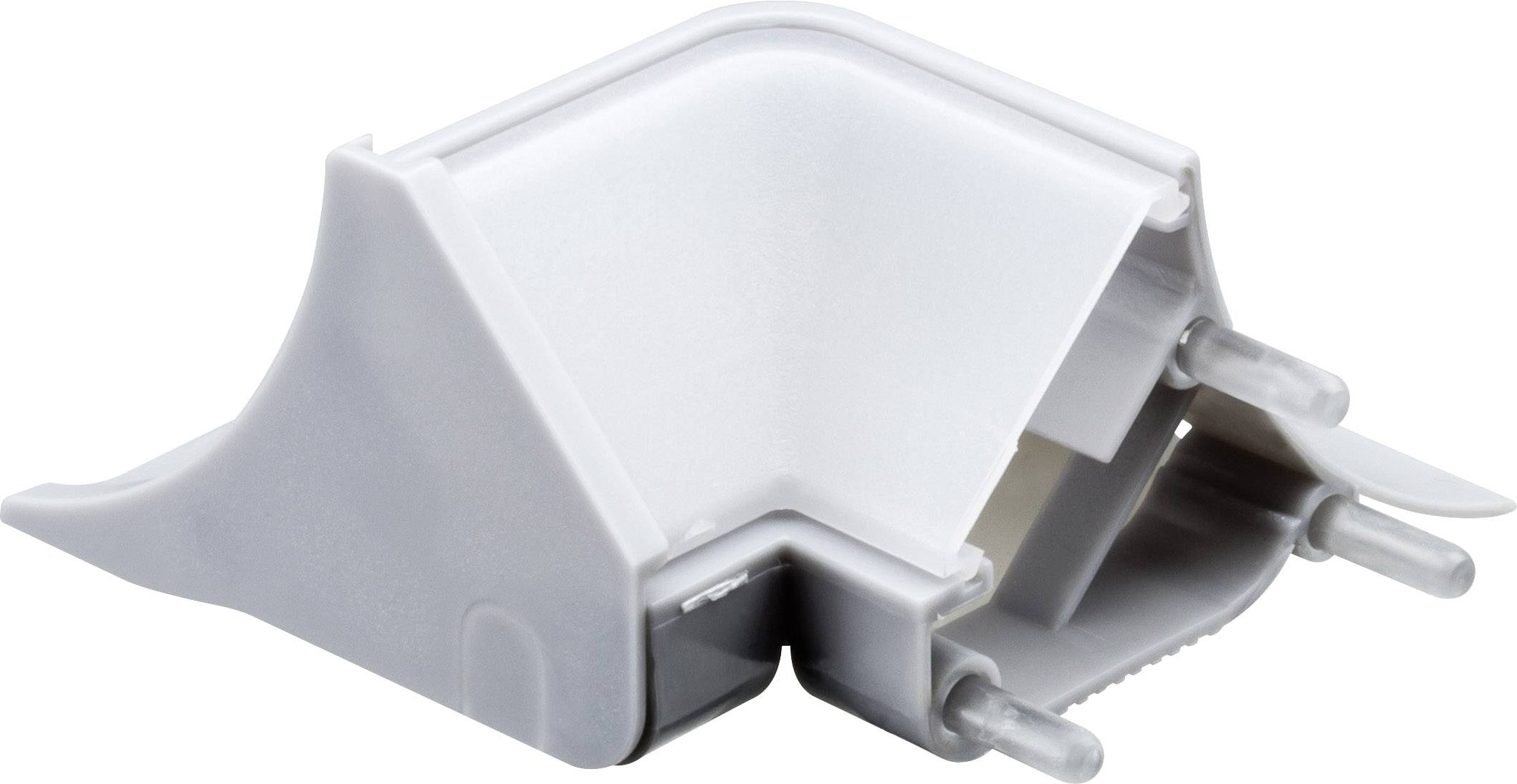 Connettore angolare in plastica grigia con due perni metallici, utilizzato per collegare liste o guide ad angolo retto.