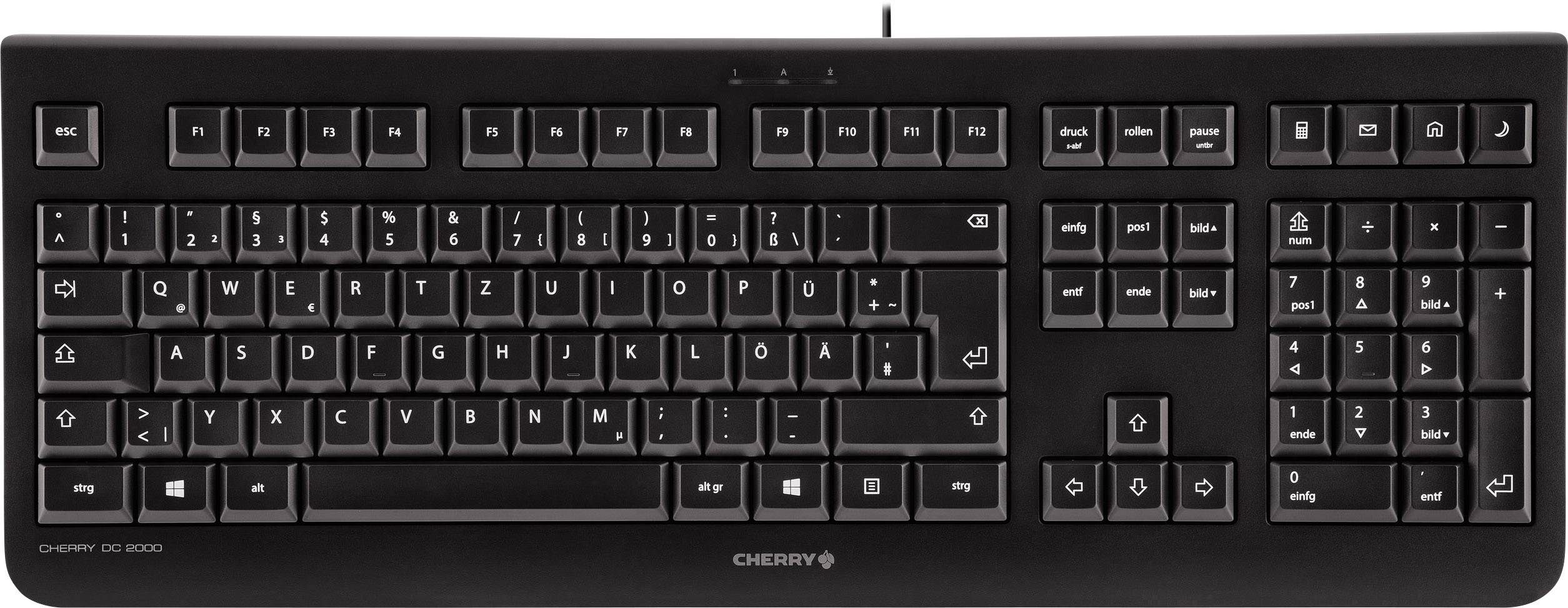 Una tastiera nera Cherry con layout tedesco QWERTZ, disposizione standard dei tasti e tastierino numerico.