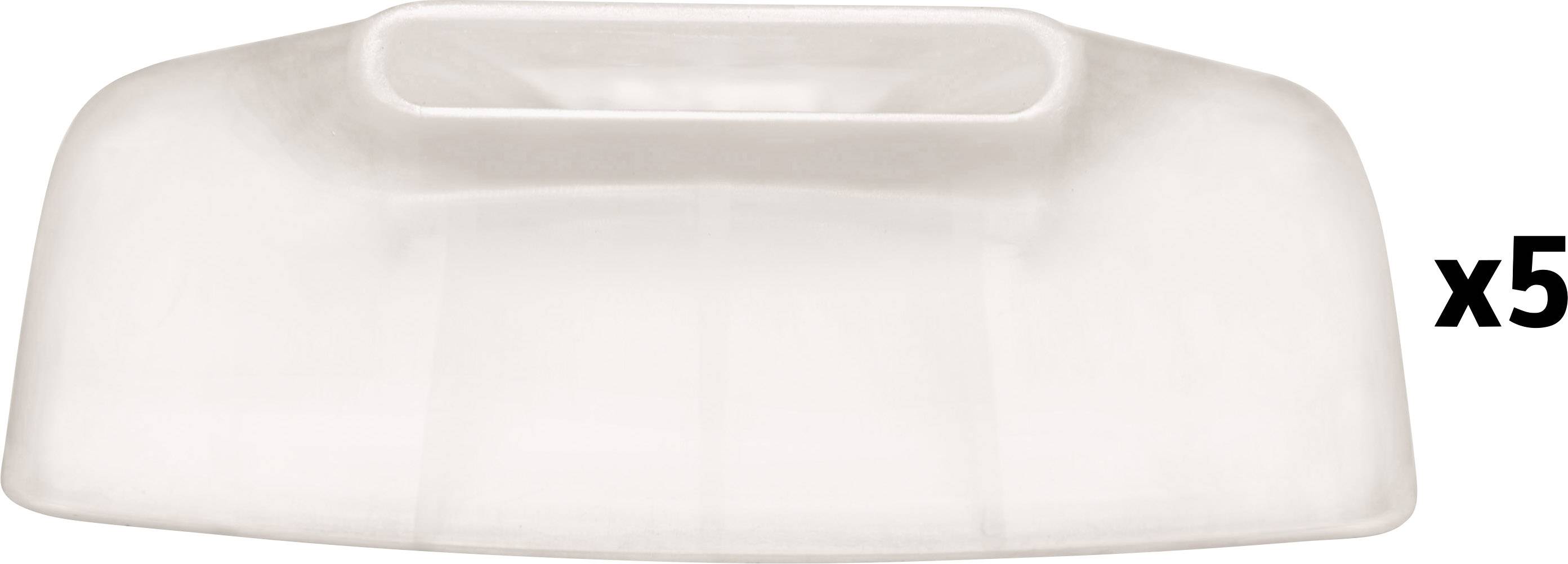 Cinque contenitori di plastica bianca, impilati uno sopra l'altro, con bordo superiore rettangolare, adatti per uso domestico.