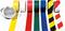 Diversi rotoli di nastro per segnaletica orizzontale in vari colori, tra cui giallo, bianco, rosso, verde, blu e motivi a strisce, sono mostrati.