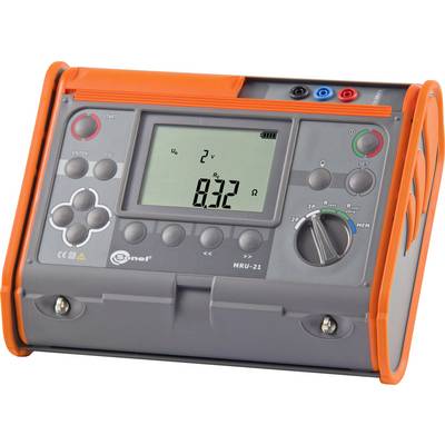 Dispositivo multifunzione per misurazioni con display digitale e pulsanti. Mostra tensione '2V' e resistenza '8,32Ω'. Accenti arancioni, involucro grigio.