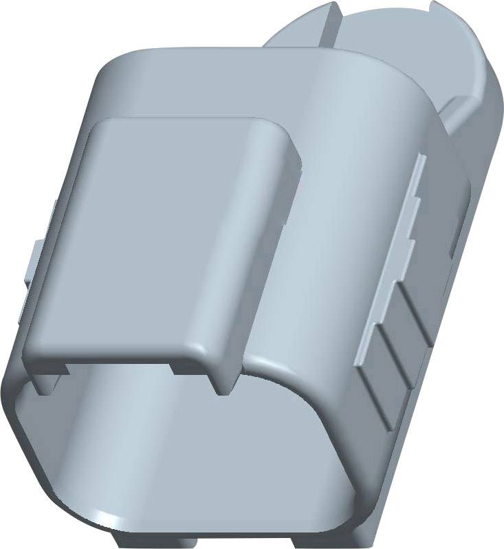 Spina grigia in plastica di forma ovale con un clip sulla parte superiore, raffigurata senza connessioni di cavi.