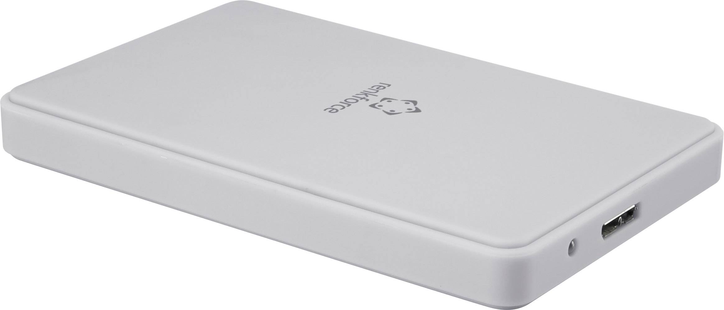 Hard disk esterno con connessione USB e custodia grigia, poggiato su una superficie.