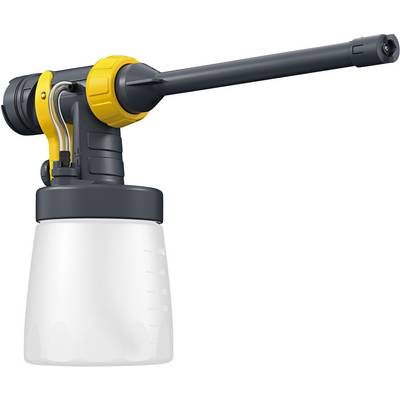 Un dispositivo spray con manico nero lungo, manopola girevole gialla e contenitore bianco. Adatto per applicazioni di pulizia o giardinaggio.