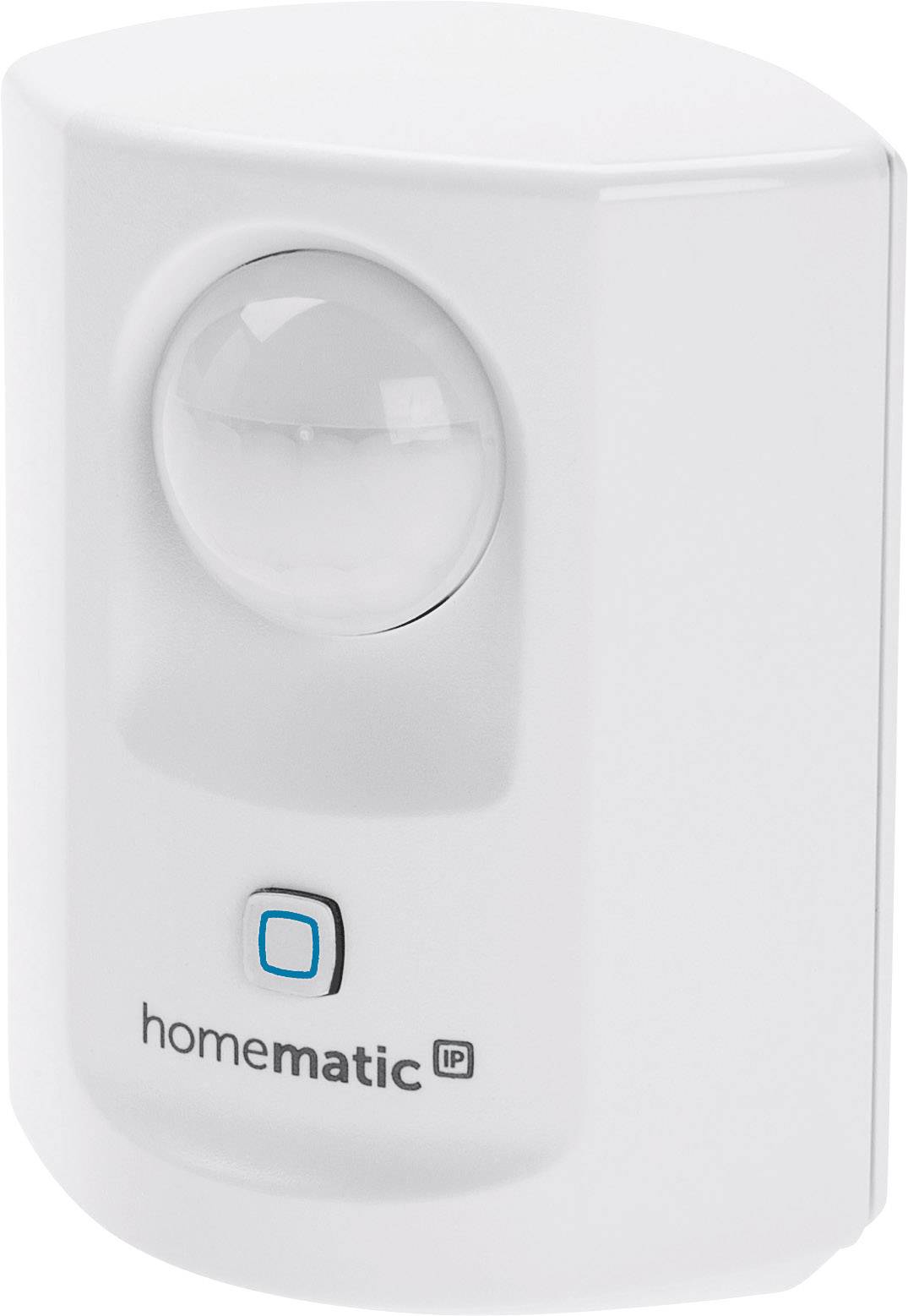 Rilevatore di movimento in involucro bianco con sensore e pulsante blu sul lato frontale, contrassegnato con 'homematic IP'.