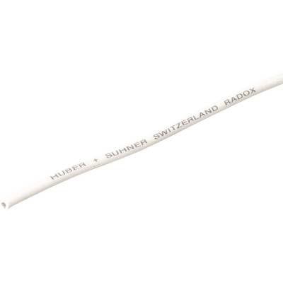 Un sottile cavo bianco con la scritta 'Huber + Suhner Switzerland Radox'.