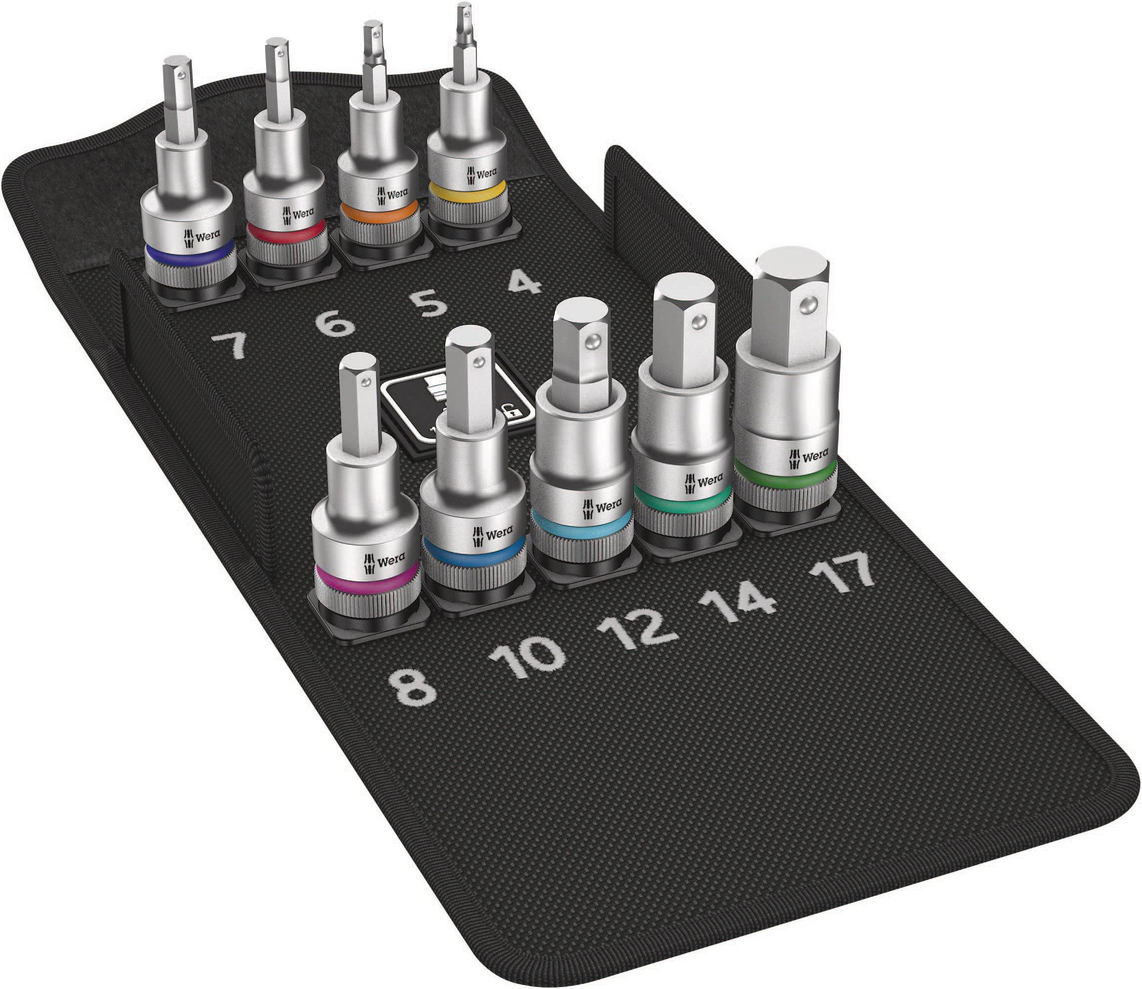 Set di chiavi a inserimento con nove bit codificati a colori di diverse dimensioni, disposti in un supporto numerato da 4 a 17.