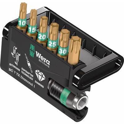 Cassetta 'Bit-Check' di Wera con sette inserti Torx dalle misure T10 a T30. Gli inserti sono color oro, la custodia è nera.