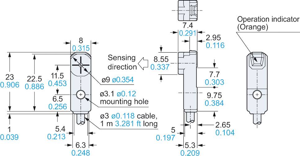 Disegno tecnico di un sensore con misure in millimetri e pollici; include foro di connessione, lunghezza del cavo e indicatore di funzionamento.