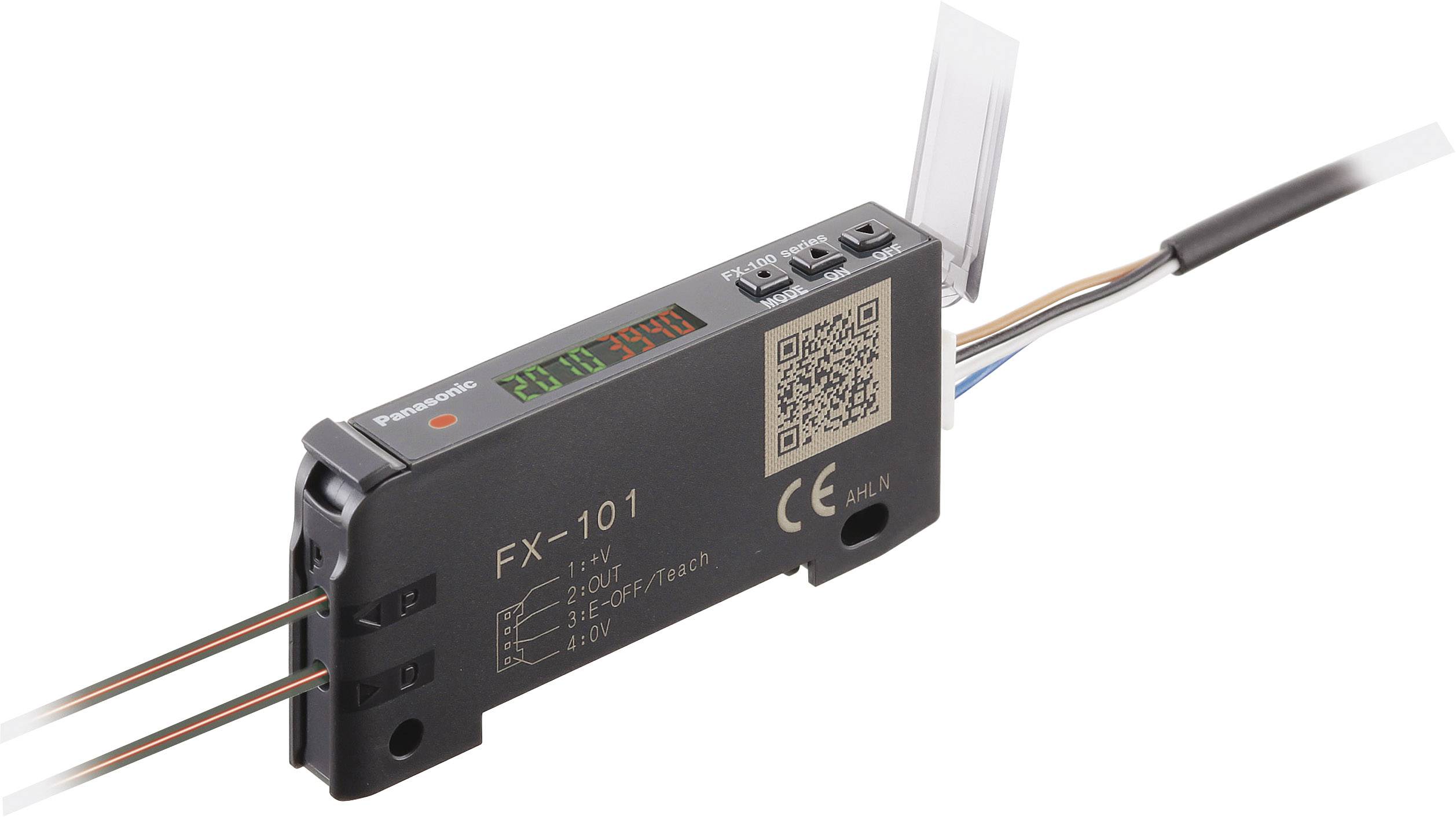 Modulo sensore FX-101 di Panasonic con fili di connessione e display digitale. Codice QR e tasti di controllo sono visibili.