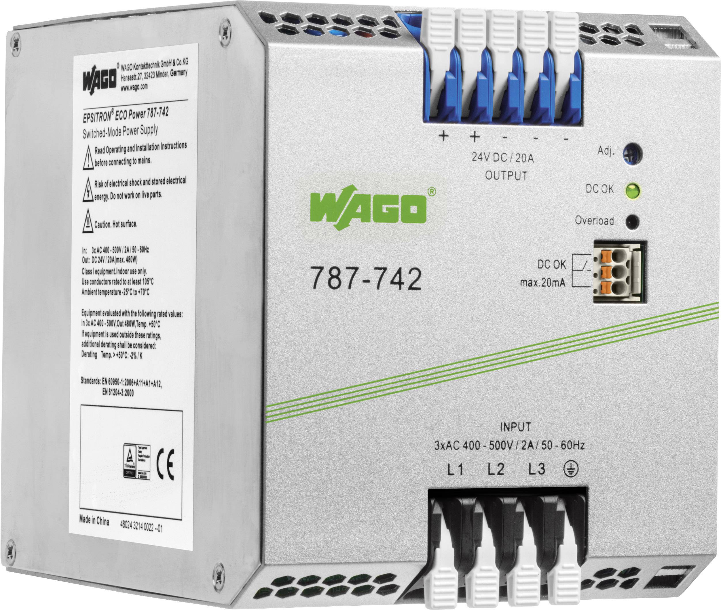 Alimentatore WAGO con numero modello 787-742, mostra ingressi e uscite e LED di stato.