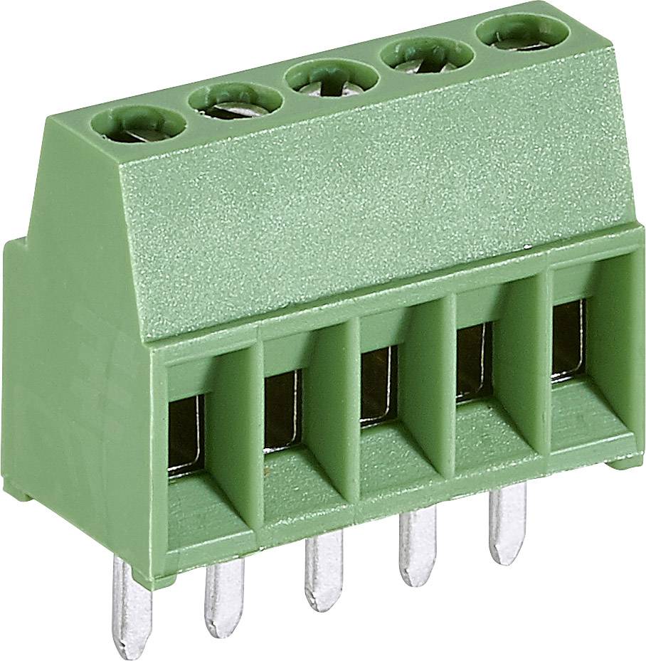 Connettore elettrico verde con cinque piedini metallici e cinque morsetti a vite. Utilizzato per connessioni di cavi in dispositivi elettronici.