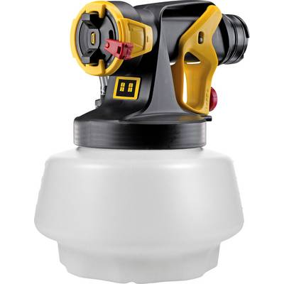 Un dispositivo spray portatile con involucro giallo e nero e un contenitore trasparente per il colore posto sotto. Ideale per l'applicazione uniforme di vernice.