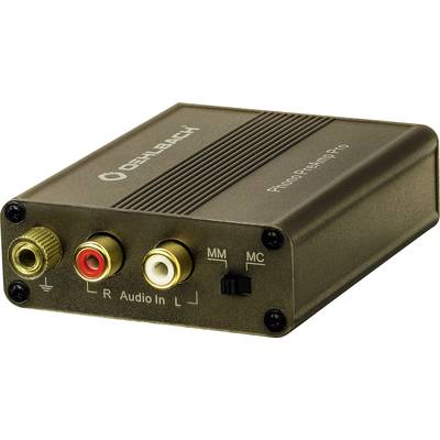 Un preamplificatore phono marrone con ingressi per 'Audio In', 'R', 'L', e interruttori per 'MM' e 'MC'.