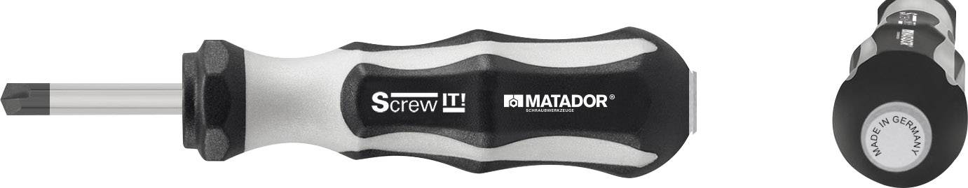 Un cacciavite con impugnatura ergonomica, contrassegnato con 'Screw it!' e 'Matador'. Adatto per avvitature precise.