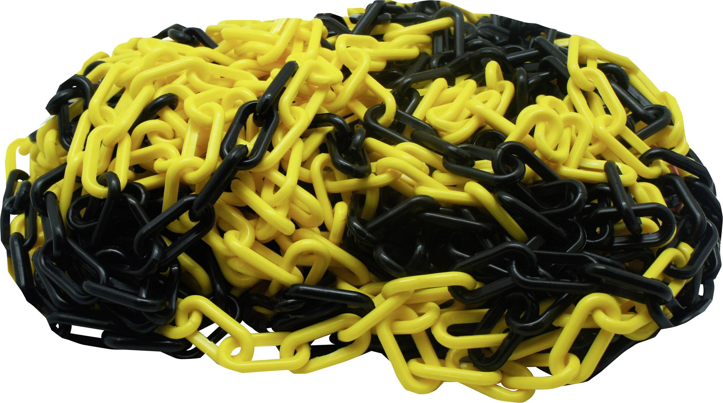Un mucchio di catene di plastica gialle e nere, intrecciate l'una nell'altra, giace su una superficie bianca.