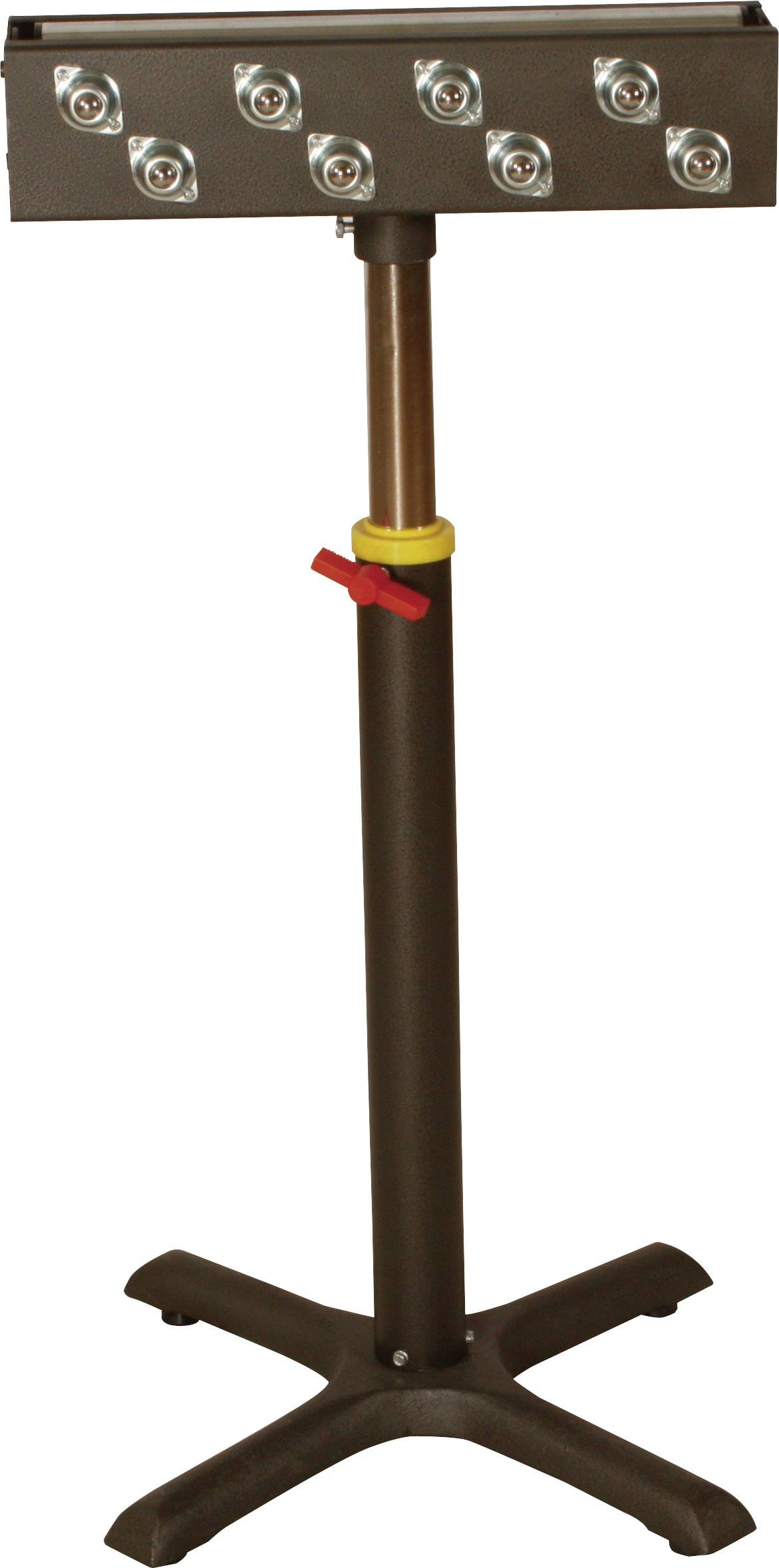 Un dispositivo di riscaldamento elettrico marrone con piedistallo regolabile e diverse lampade riscaldanti sulla parte superiore.
