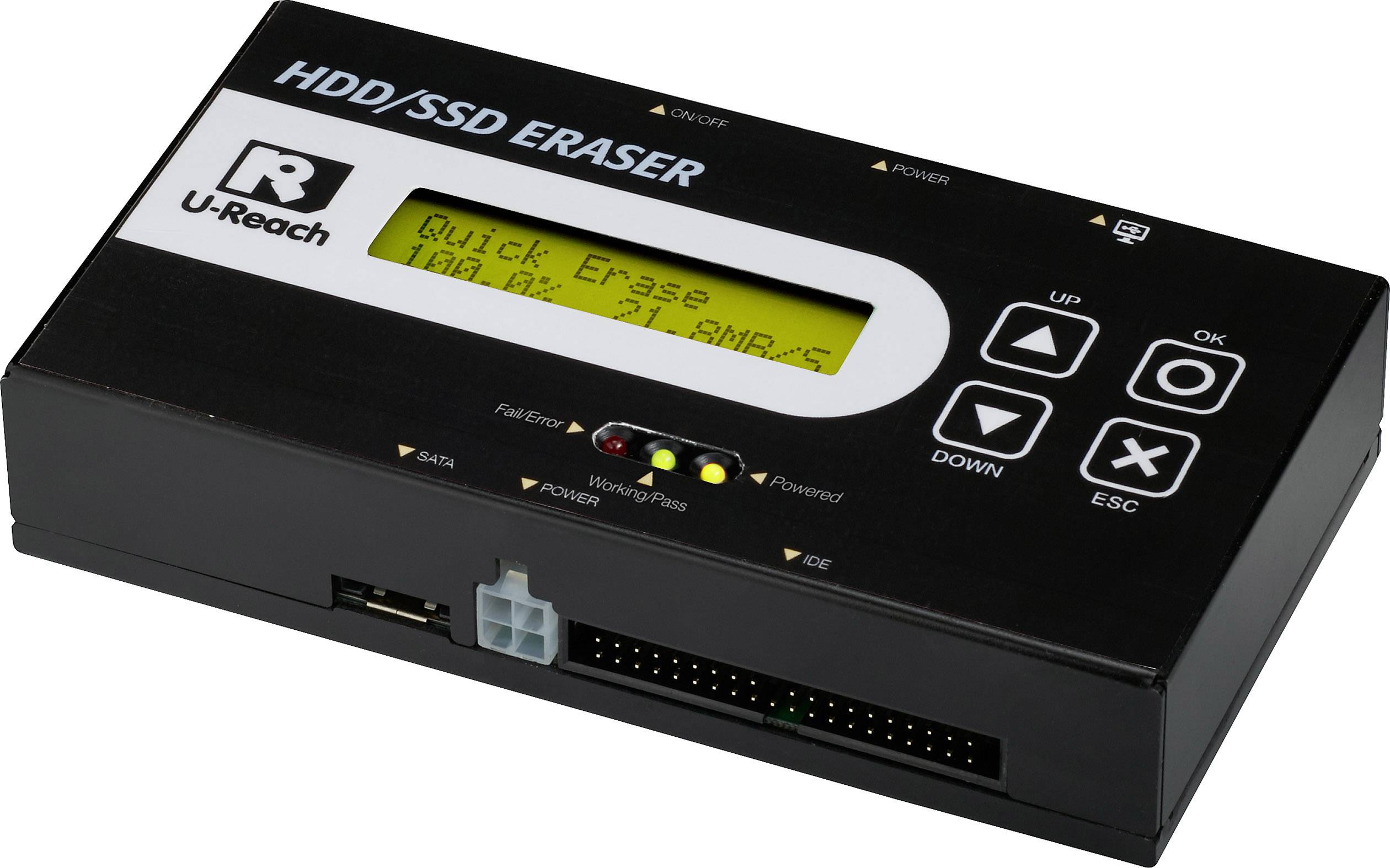 Un dispositivo per la cancellazione di HDD/SSD con display digitale e diversi tasti per il controllo. Sul display mostra 'Cancellazione Rapida 10GB'.