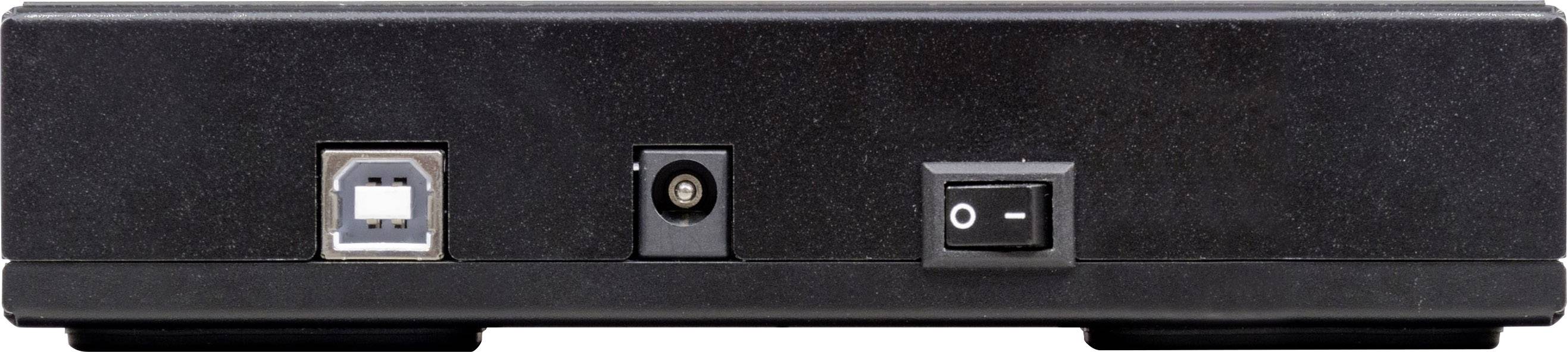 Un dispositivo elettronico nero con porta USB, connettore di alimentazione e interruttore di accensione/spegnimento sul lato anteriore.