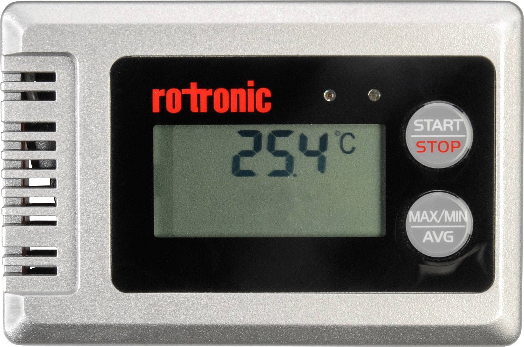 Termometro digitale con display che indica 25,4°C. Due tasti a destra: 'START/STOP', 'MAX/MIN/AVG'. Involucro argentato, schermo nero.
