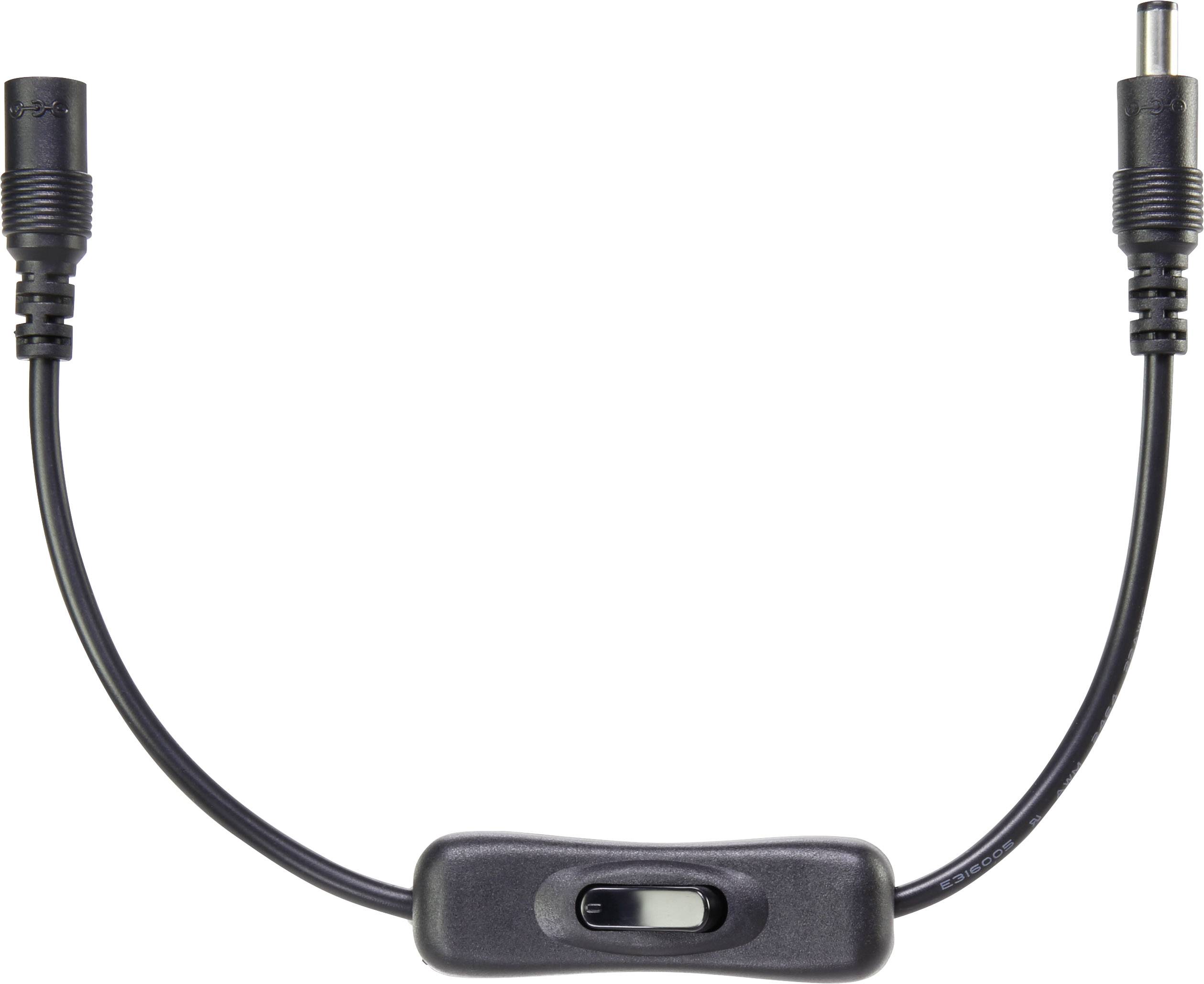Cavo nero con due spine e un pulsante rettangolare nel mezzo. Spesso utilizzato per connessioni di alimentazione in dispositivi elettronici.