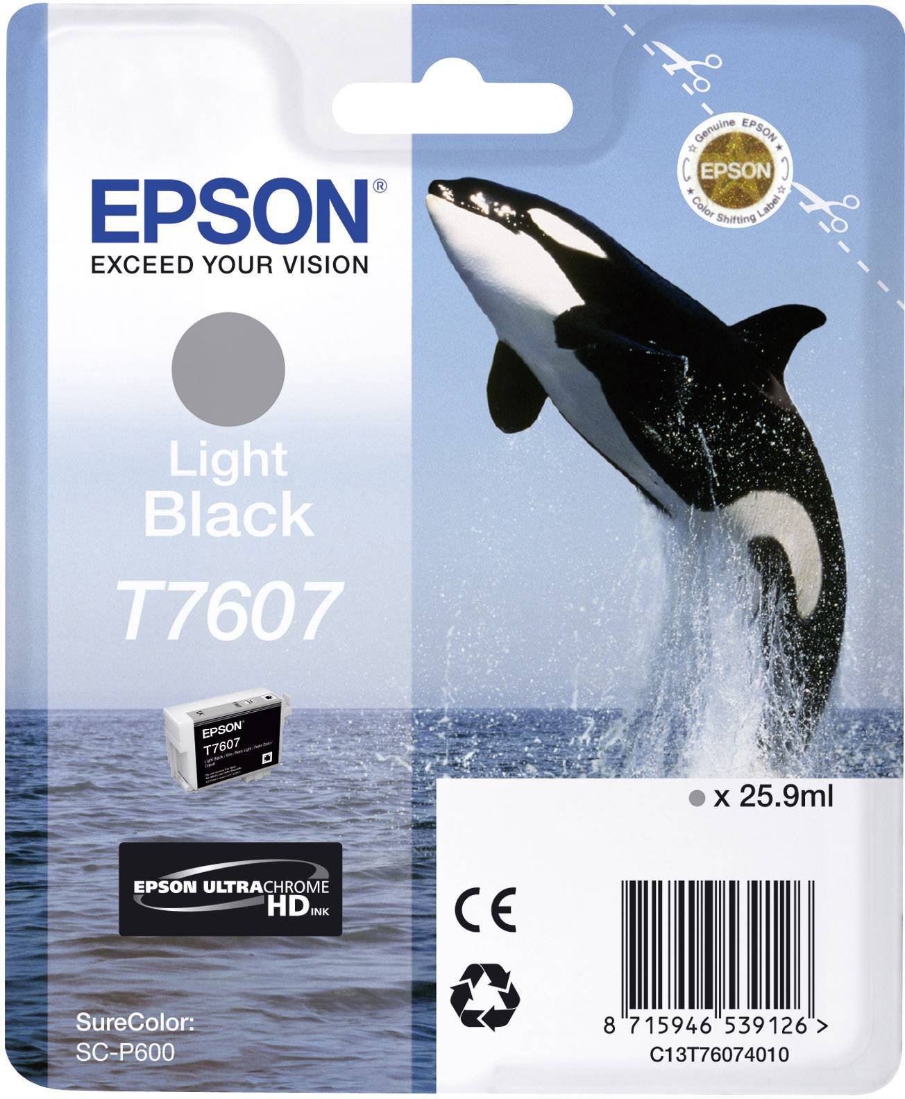 Orca salta fuori dall'acqua accanto alla confezione della cartuccia d'inchiostro Light Black T7606 di Epson.