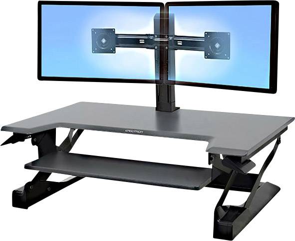 Un supporto per scrivania regolabile in altezza con due monitor montati, ideale per un'organizzazione ergonomica del posto di lavoro.