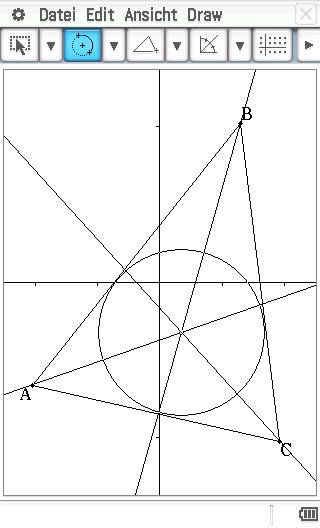 Disegno geometrico: Un cerchio con un cerchio inscritto in un triangolo ABC, collegato da linee ai vertici, rappresentato in una finestra di programma.