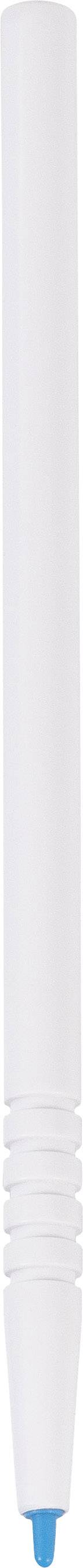 Una penna a sfera bianca con clip e punta blu, in piedi in posizione verticale.