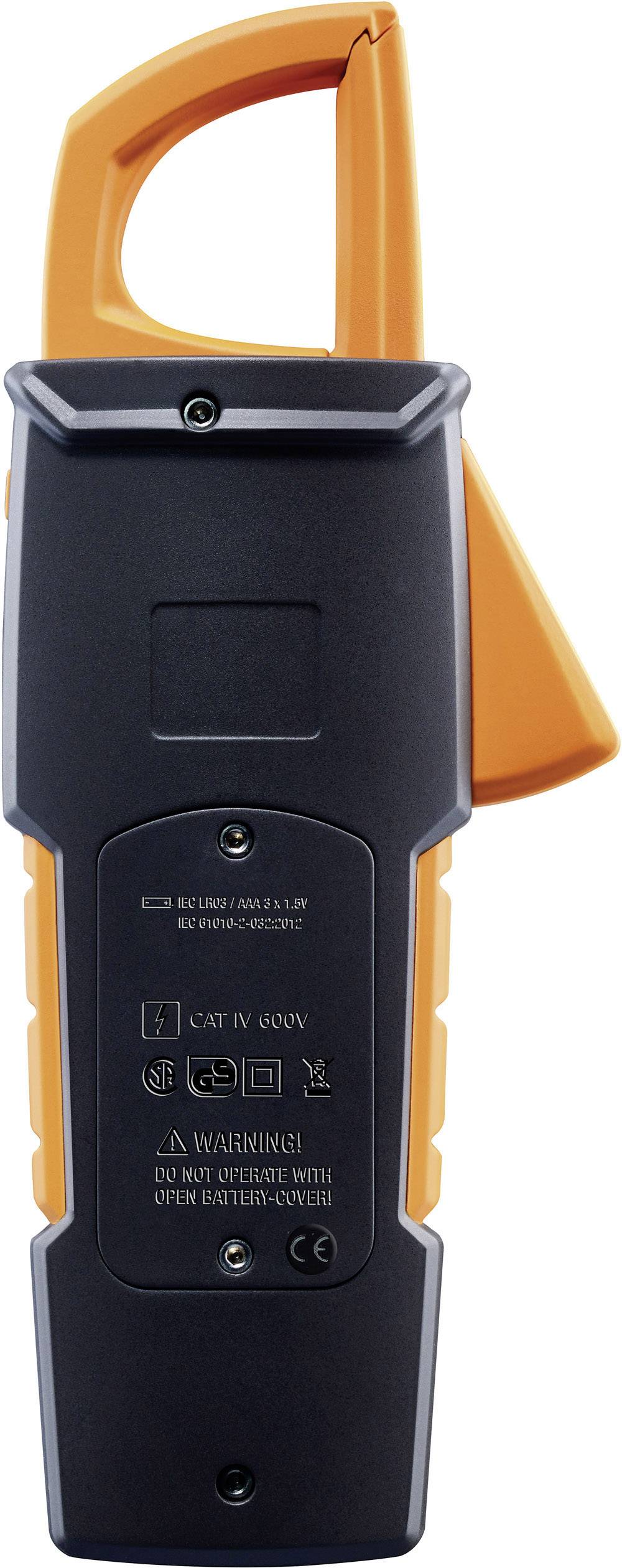 Misuratore digitale di pinze amperometriche in nero e arancione, presentato in verticale. Display e tasti sono visibili sul lato frontale.