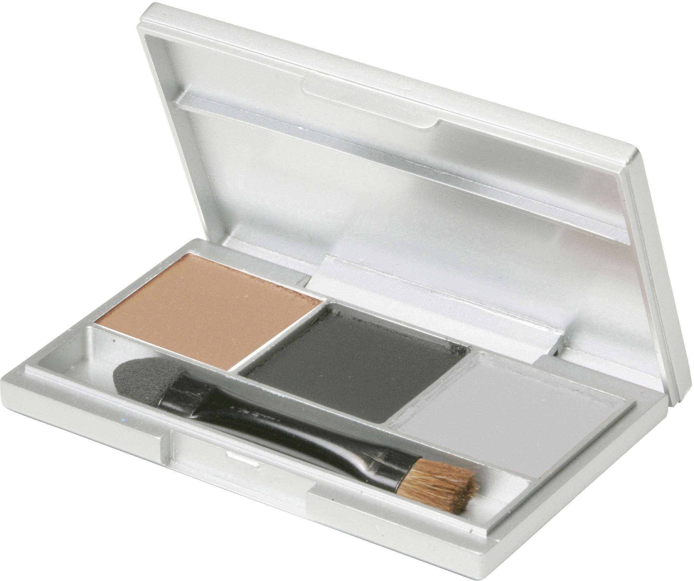 Tavolozza per trucco aperta con due tonalità di ombretto in nero e grigio, un fard marrone e due piccoli pennelli.