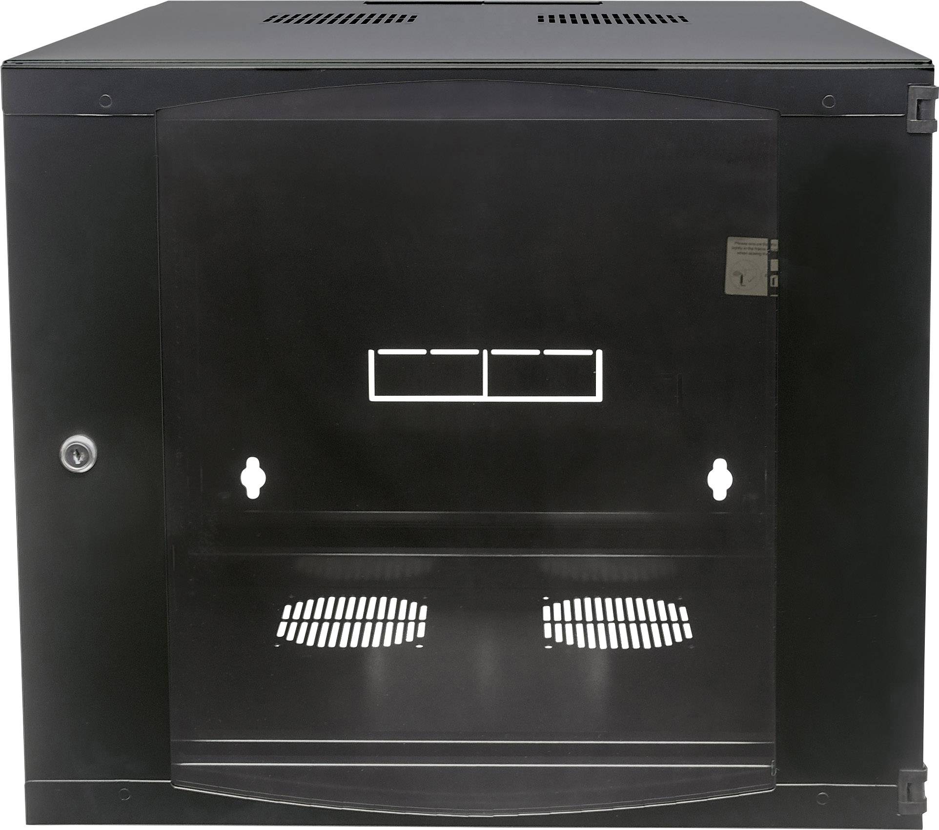 Custodia metallica nera, rettangolare, con porta frontale e aperture per la ventilazione, idonea per l'alloggiamento di apparecchiature di rete.