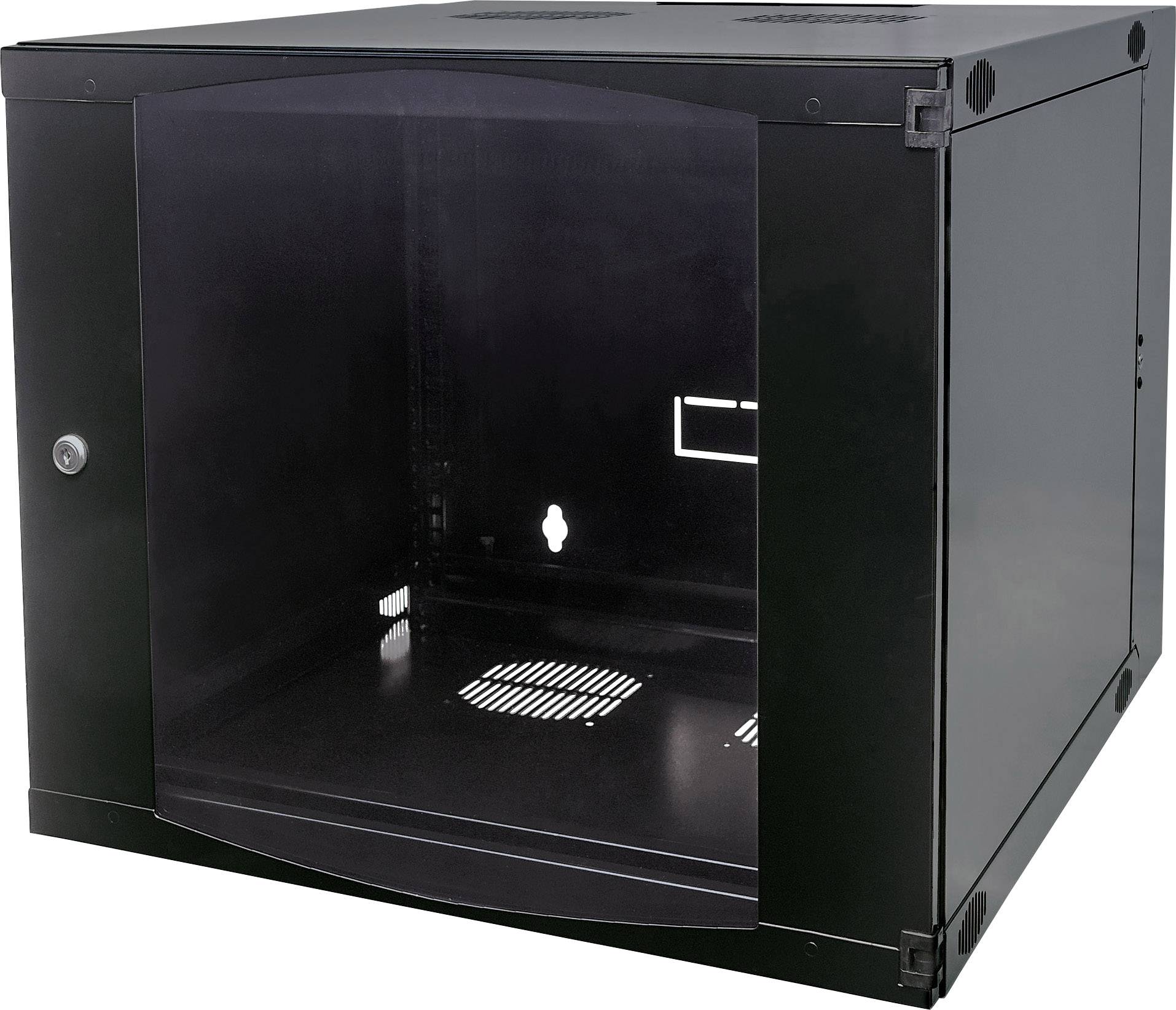 'Involucro per rack server nero, vuoto, in metallo con porta in vetro e feritoie di ventilazione, idoneo all'alloggiamento di apparecchiature IT.'