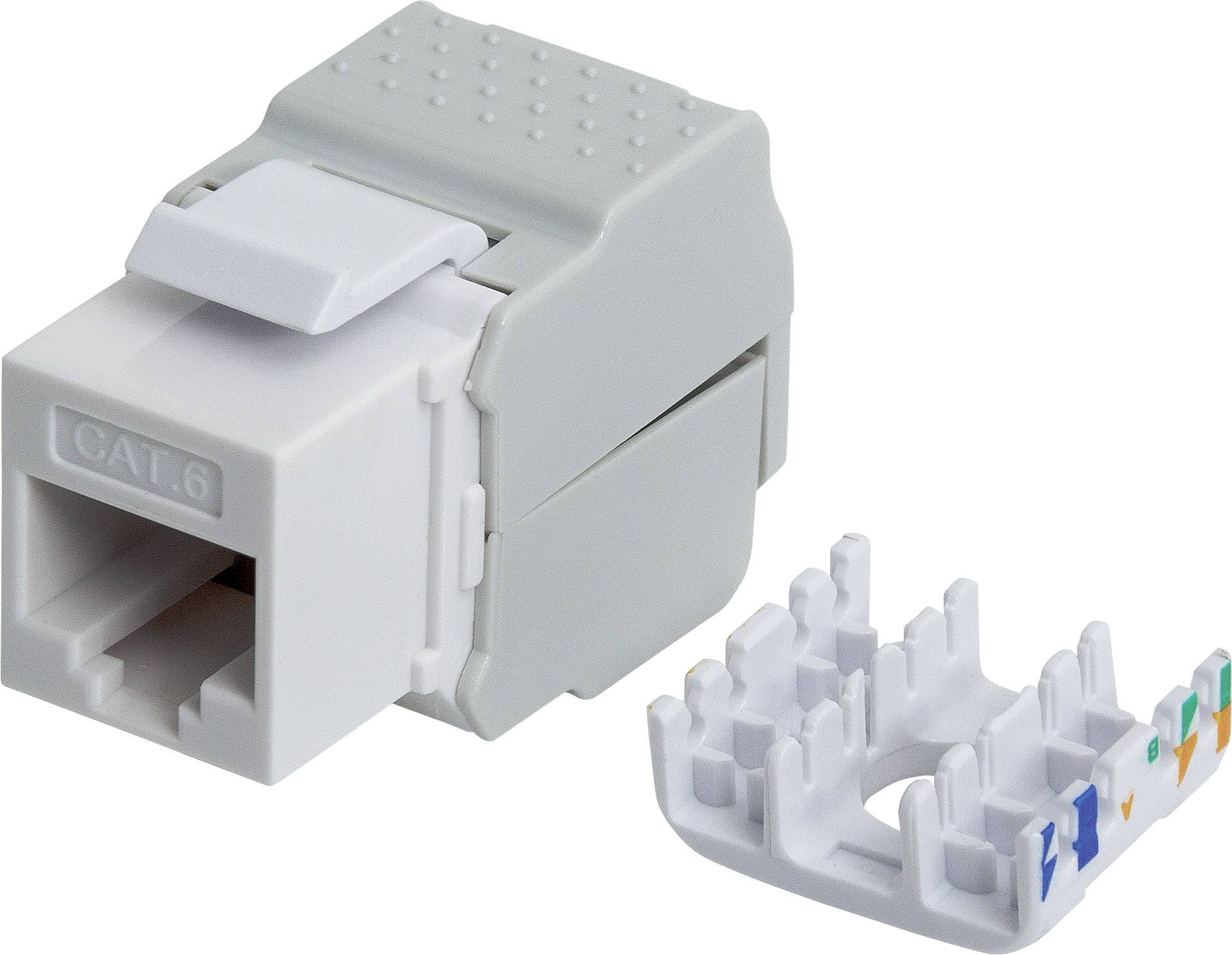 Modulo presa di rete modulare CAT6 con separatore di cavo rimovibile, idoneo per cablaggi Ethernet.