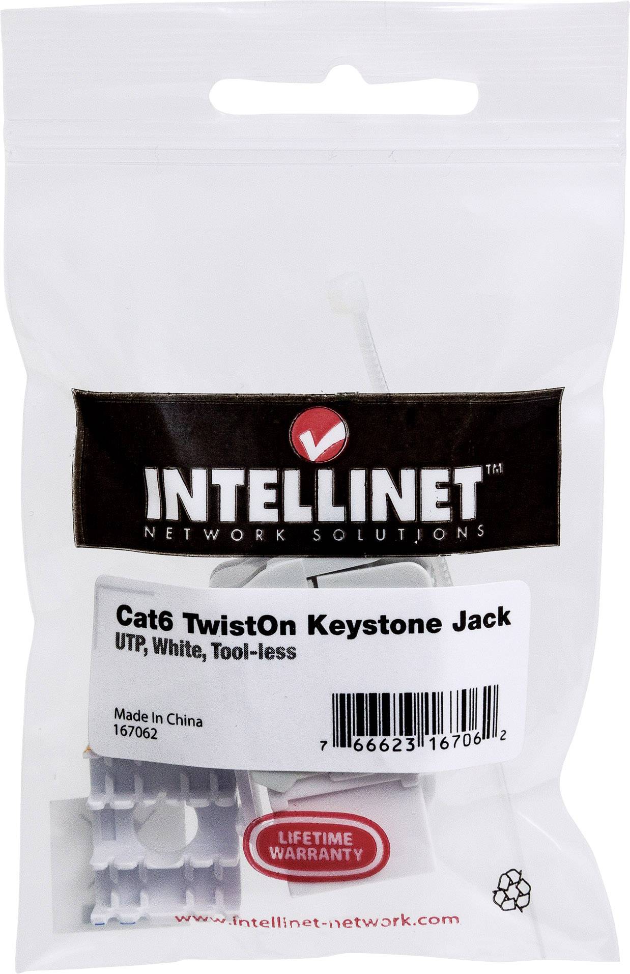 Confezione del 'Keystone Jack Intellinet Cat6 TwistOn'. Bianco, UTP, installazione senza attrezzi. Riporta indicazioni di garanzia a vita e prodotto in Cina.