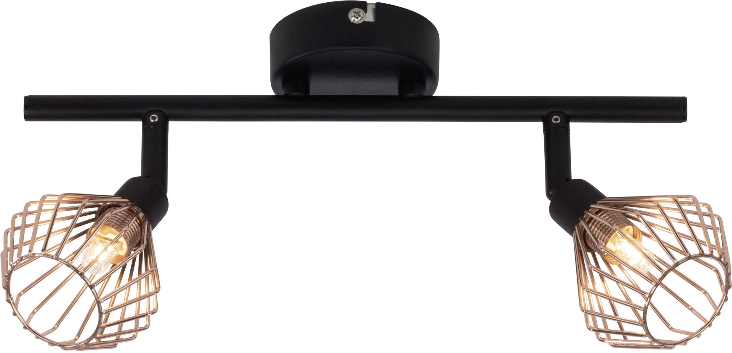 Lampadario nero con due paralumi a griglia regolabili in colore rame.