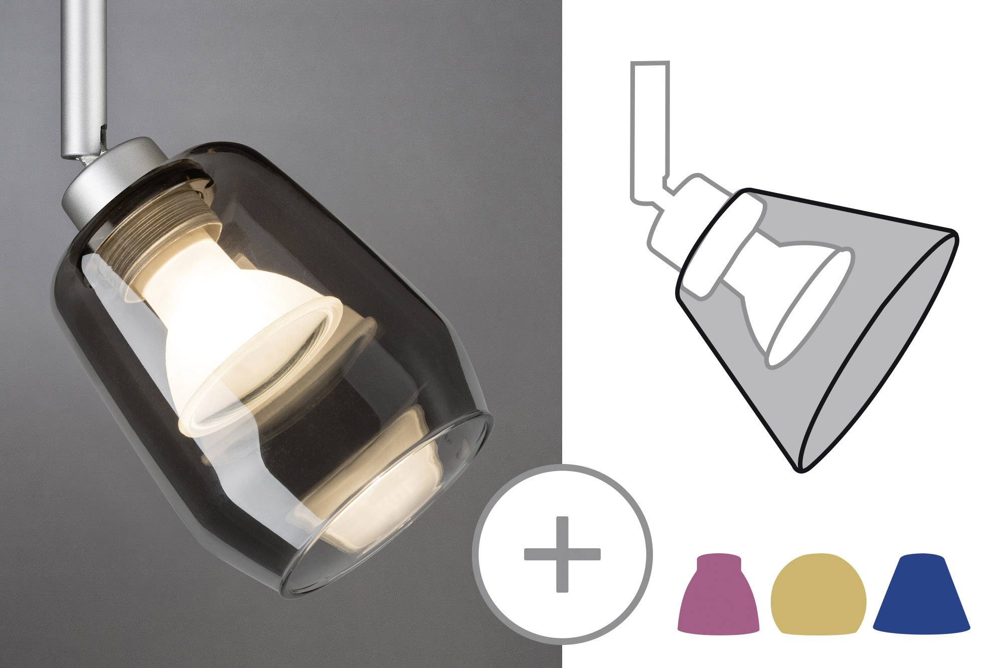 Lampada a sospensione con vetro trasparente; accanto un grafico e opzioni di colore per il paralume: rosa, oro, blu.
