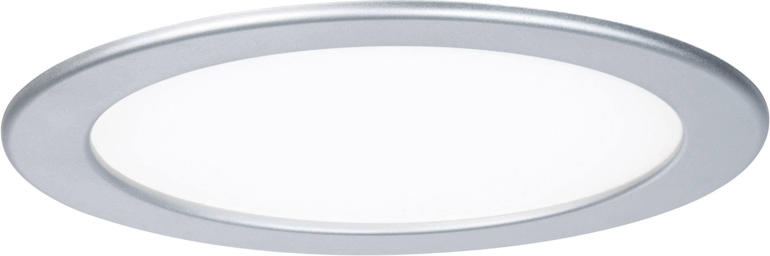 Faretto da incasso rotondo con bordo argentato e pannello luminoso bianco al centro. Adatto per il montaggio a soffitto in ambienti residenziali o lavorativi.