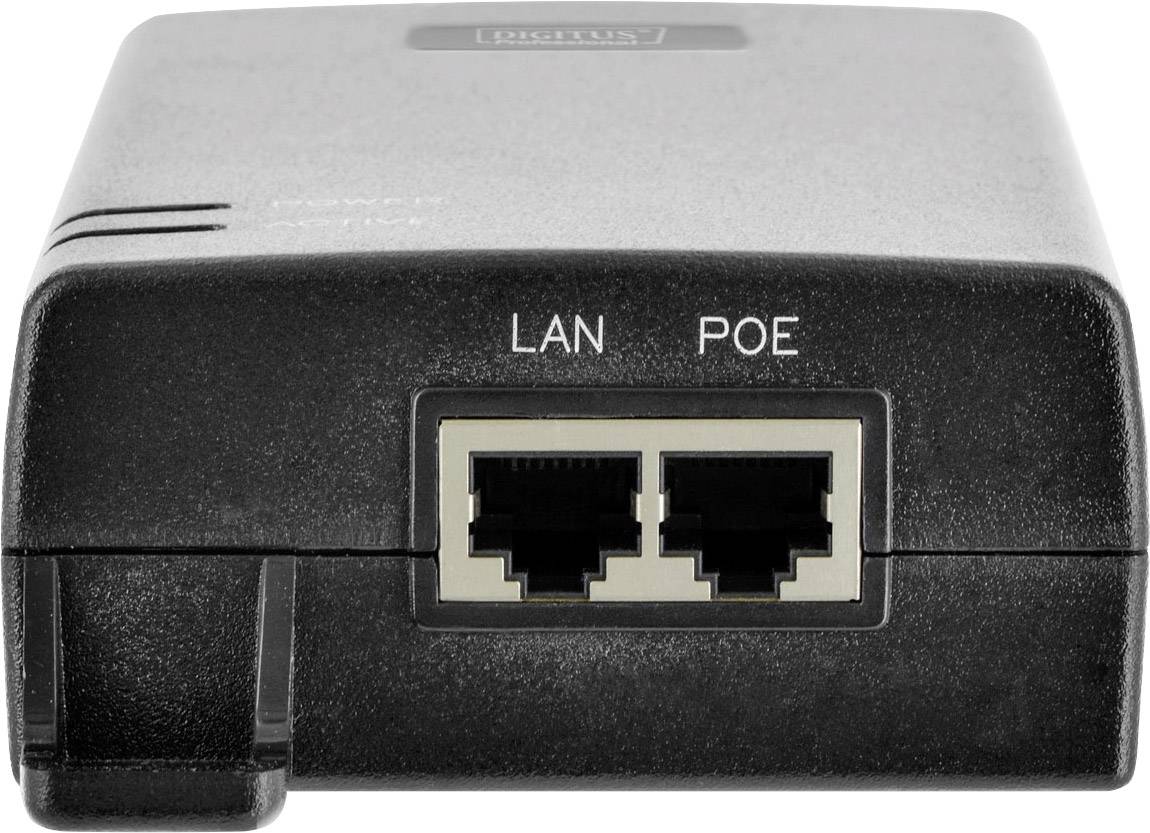 Un adattatore di rete nero con due porte Ethernet, etichettate 'LAN' e 'POE', per connessioni di rete e alimentazione.