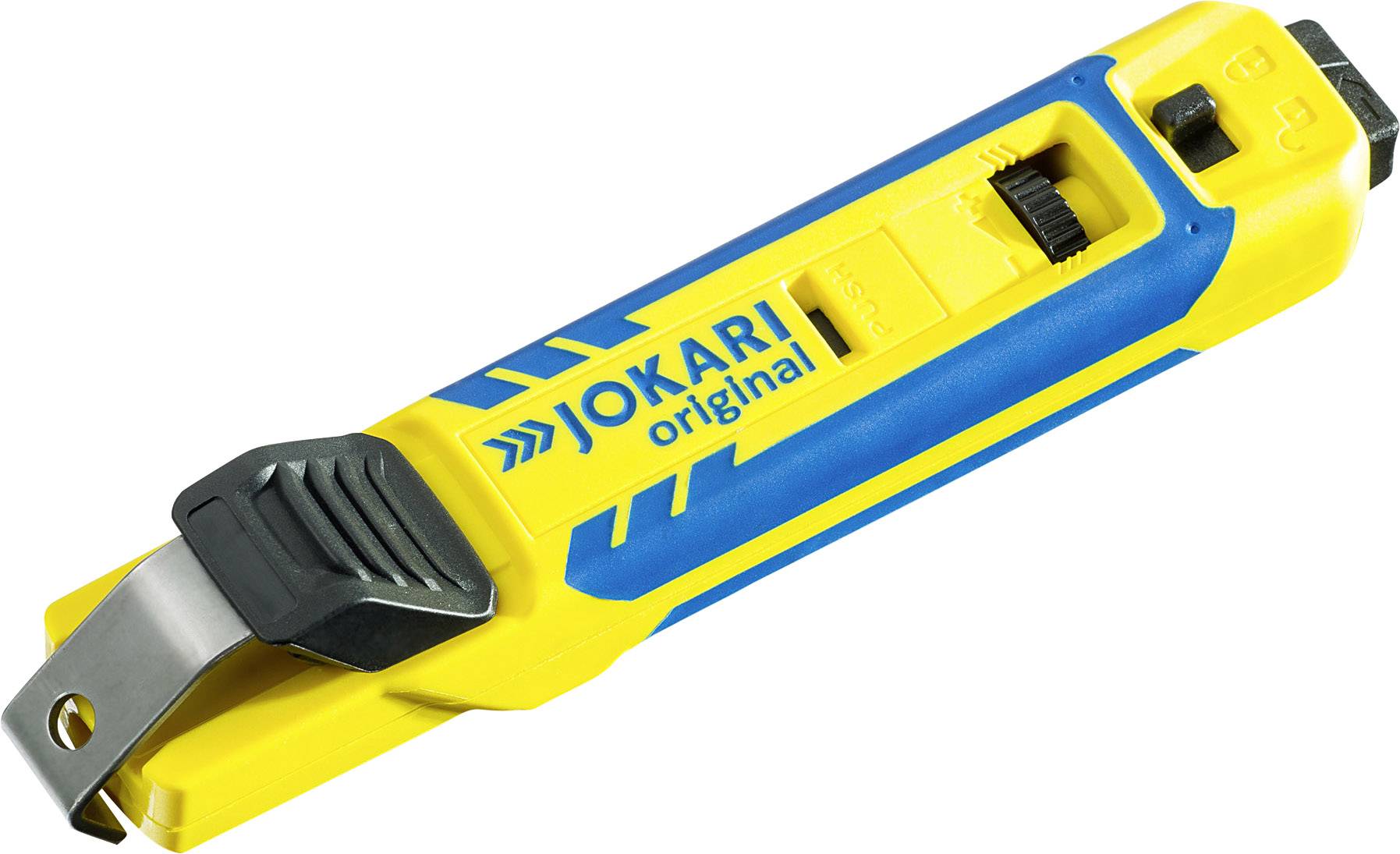 Un utensile spelacavi originale Jokari giallo e blu, utilizzato per rimuovere l'isolamento dai cavi.