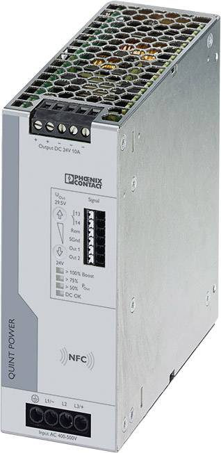 Un alimentatore switching di Phoenix Contact con funzionalità NFC che fornisce una tensione di uscita di 24V DC e 10A.