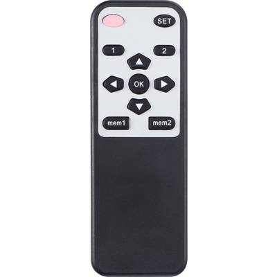 Telecomando manuale con tasti: '1', '2', frecce direzionali, 'OK', 'SET', 'mem1', 'mem2'. Spia rossa in alto a sinistra.